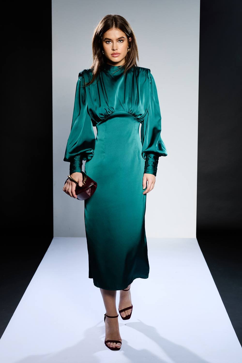 RUNWAY 1.8.1.8 RUNWAY 1.8.1.8 Women's High Neck Long Sleeve Satin Midi Dress in Green - 2