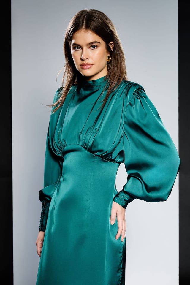 RUNWAY 1.8.1.8 RUNWAY 1.8.1.8 Women's High Neck Long Sleeve Satin Midi Dress in Green - 2