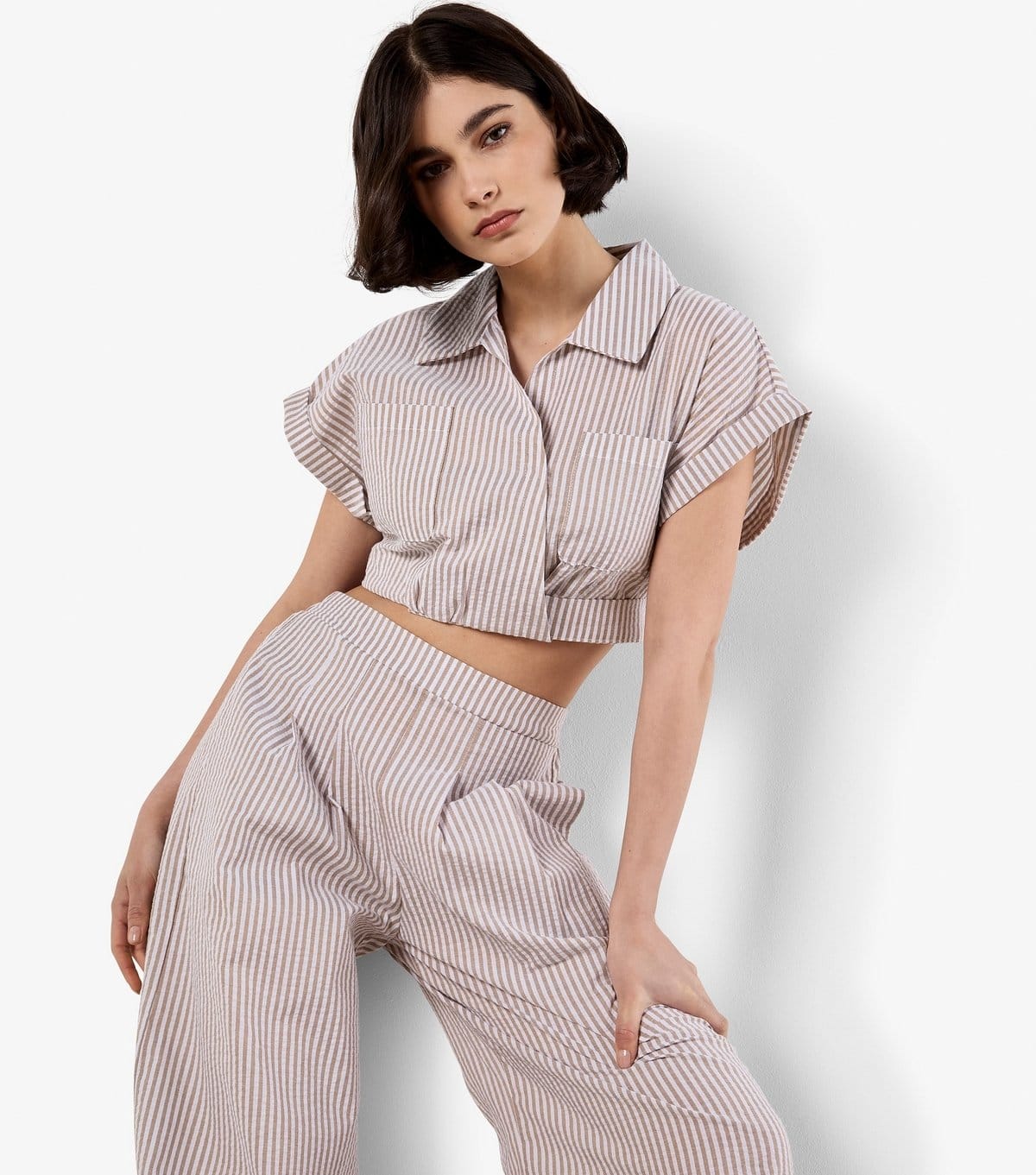 Apricot Stone Striped Seersucker Crop Top by New Look