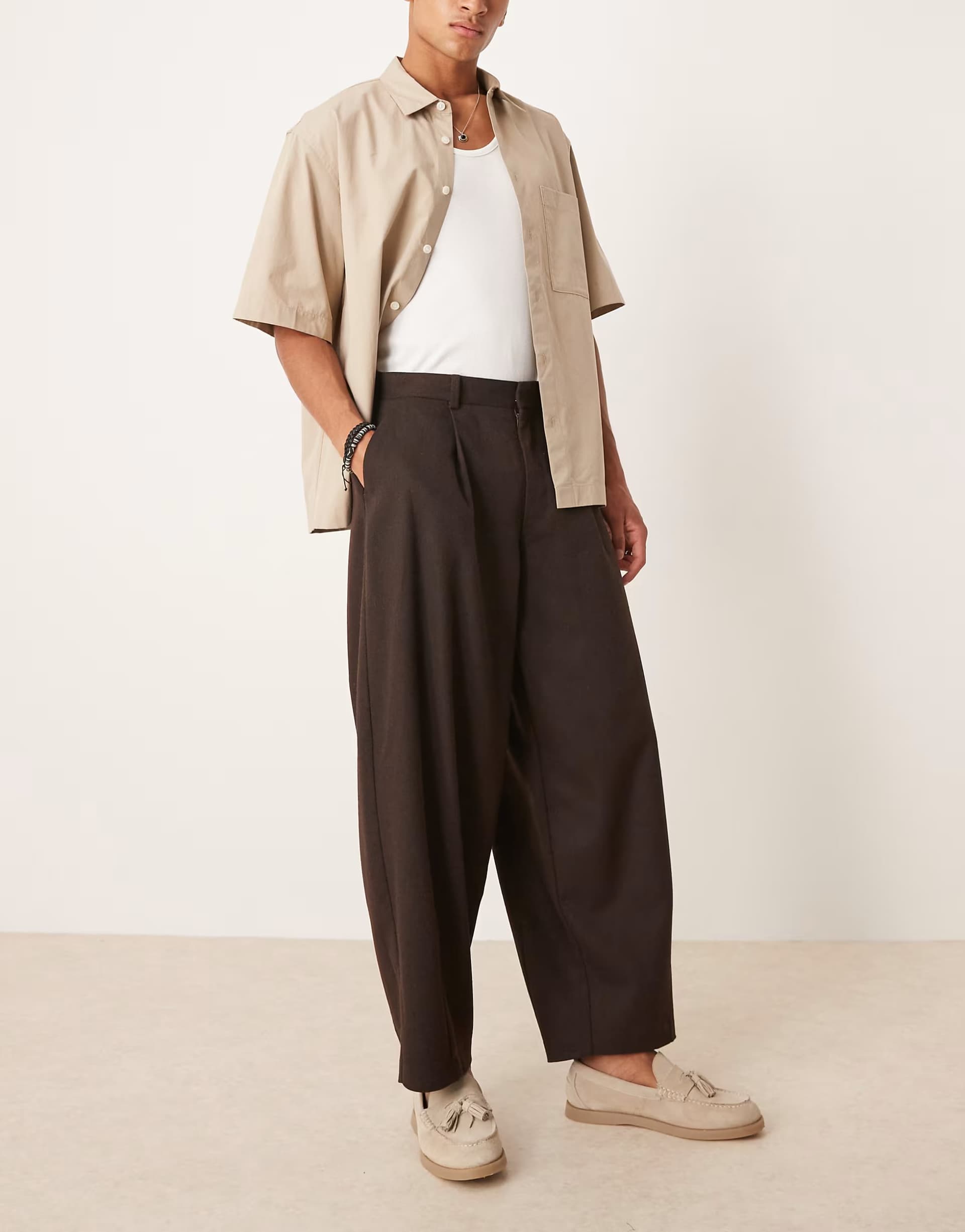 ASOS ASOS DESIGN smart wide barrel leg wool mix trousers in brown herringbone