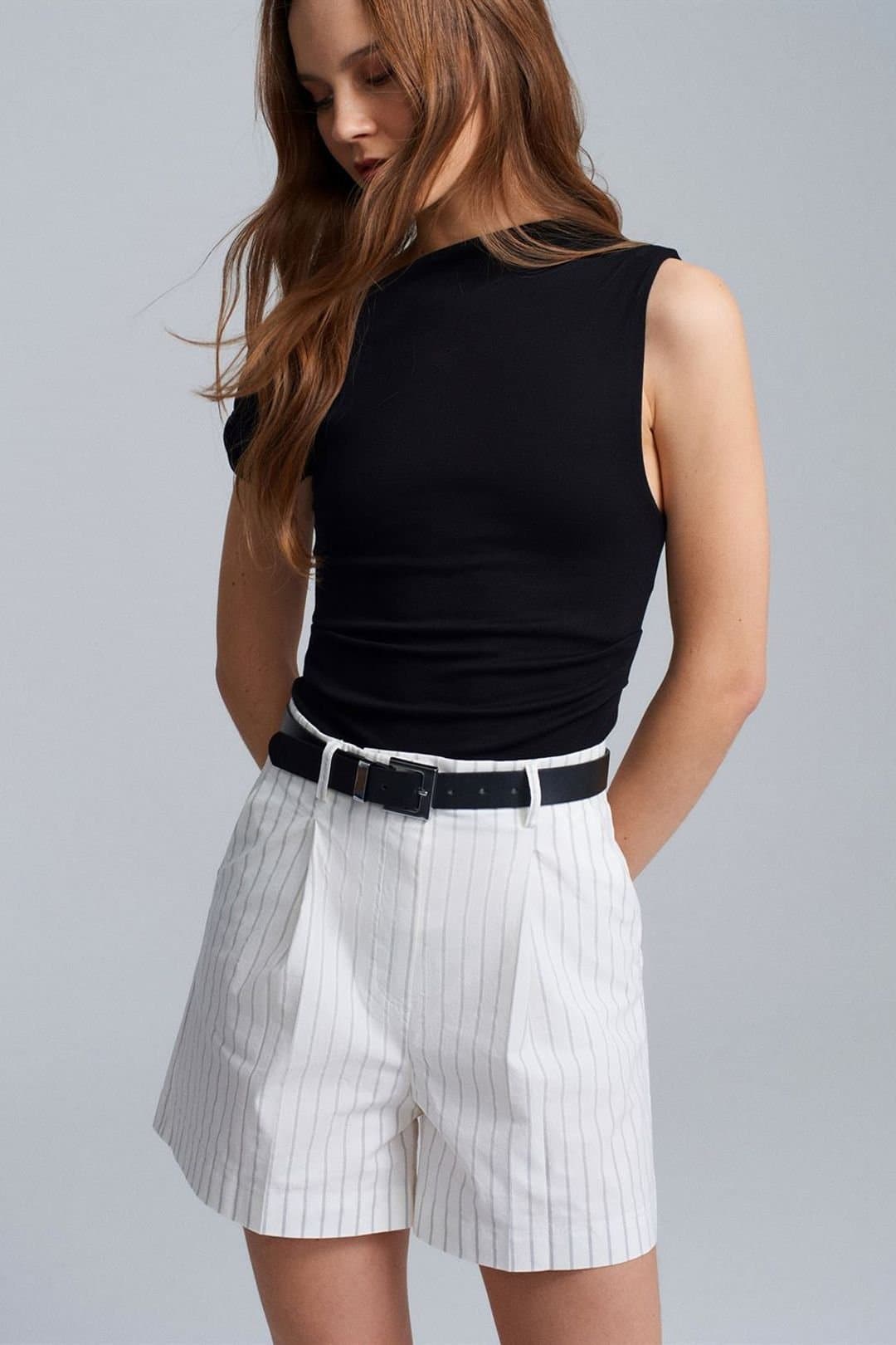 Dilvin Dilvin Women's High-Waist Striped Belted Shorts in White