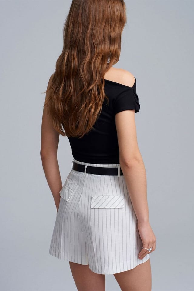 Dilvin Dilvin Women's High-Waist Striped Belted Shorts in White - 2