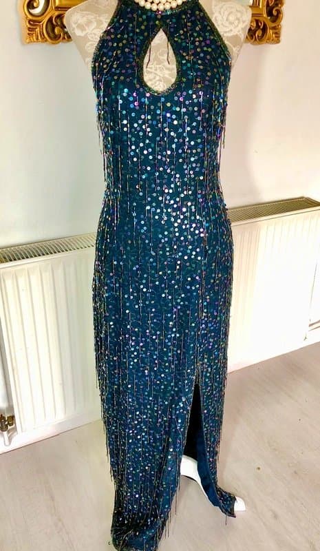 After SIx Vintage 80s/90s Aftersix Silk 100% Iridescent Navy Beaded Tassel Dress