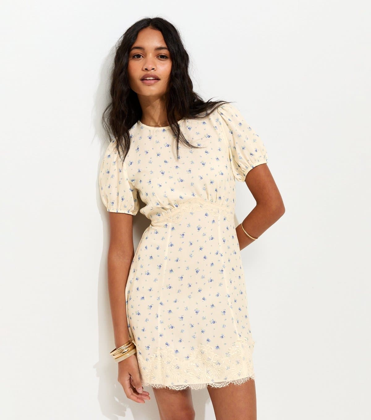 New Look Women's Cream Ditsy Floral Puff Sleeve Mini Dress New Look