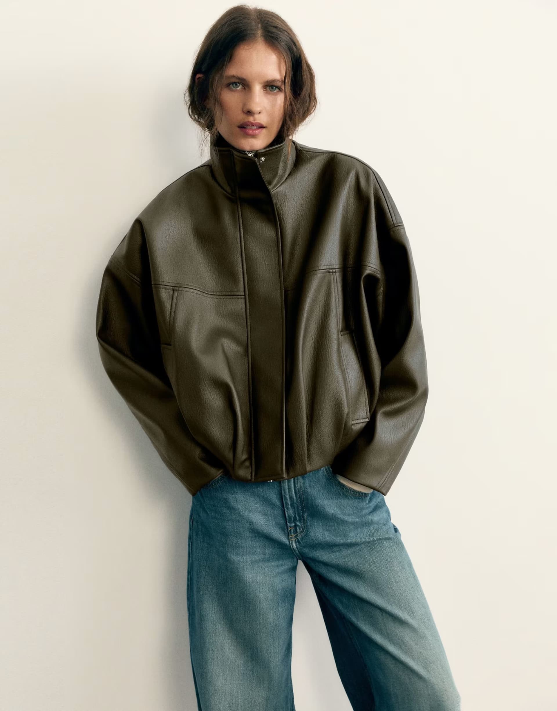 ASOS Pull&Bear Leather effect balloon jacket in khaki