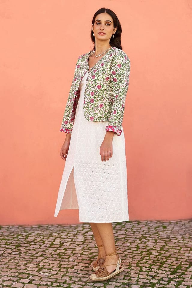 Yumi Yumi Women's White Floral Reversible Cotton Quilted Jacket - 2