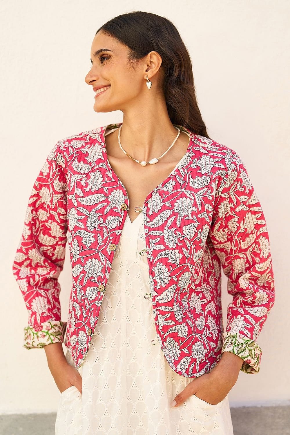 Yumi Yumi Women's White Floral Reversible Cotton Quilted Jacket - 4