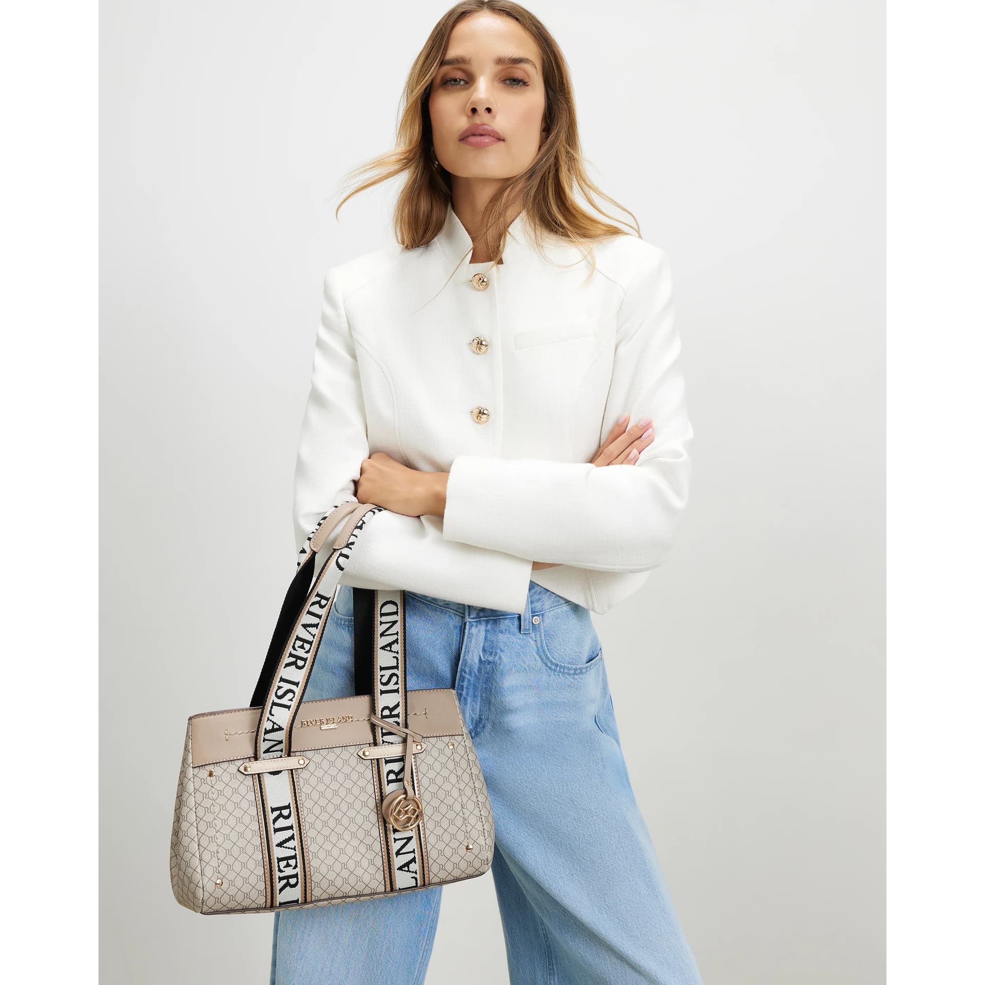 River Island River Island Womens Beige Monogram Webbing Tote Bag