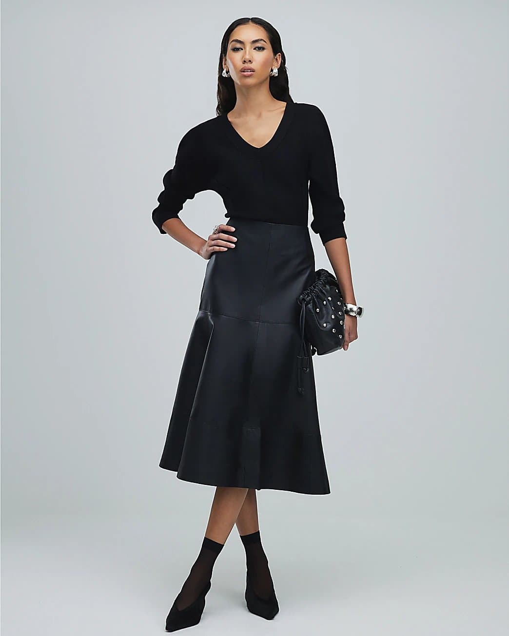 River Island River Island Womens Black Leather A Line Midi Skirt