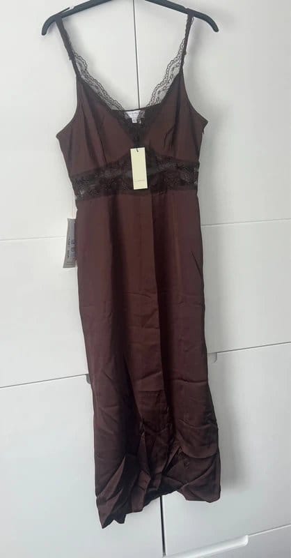 Never Fully Dressed Brown Satin Lace Mini Dress