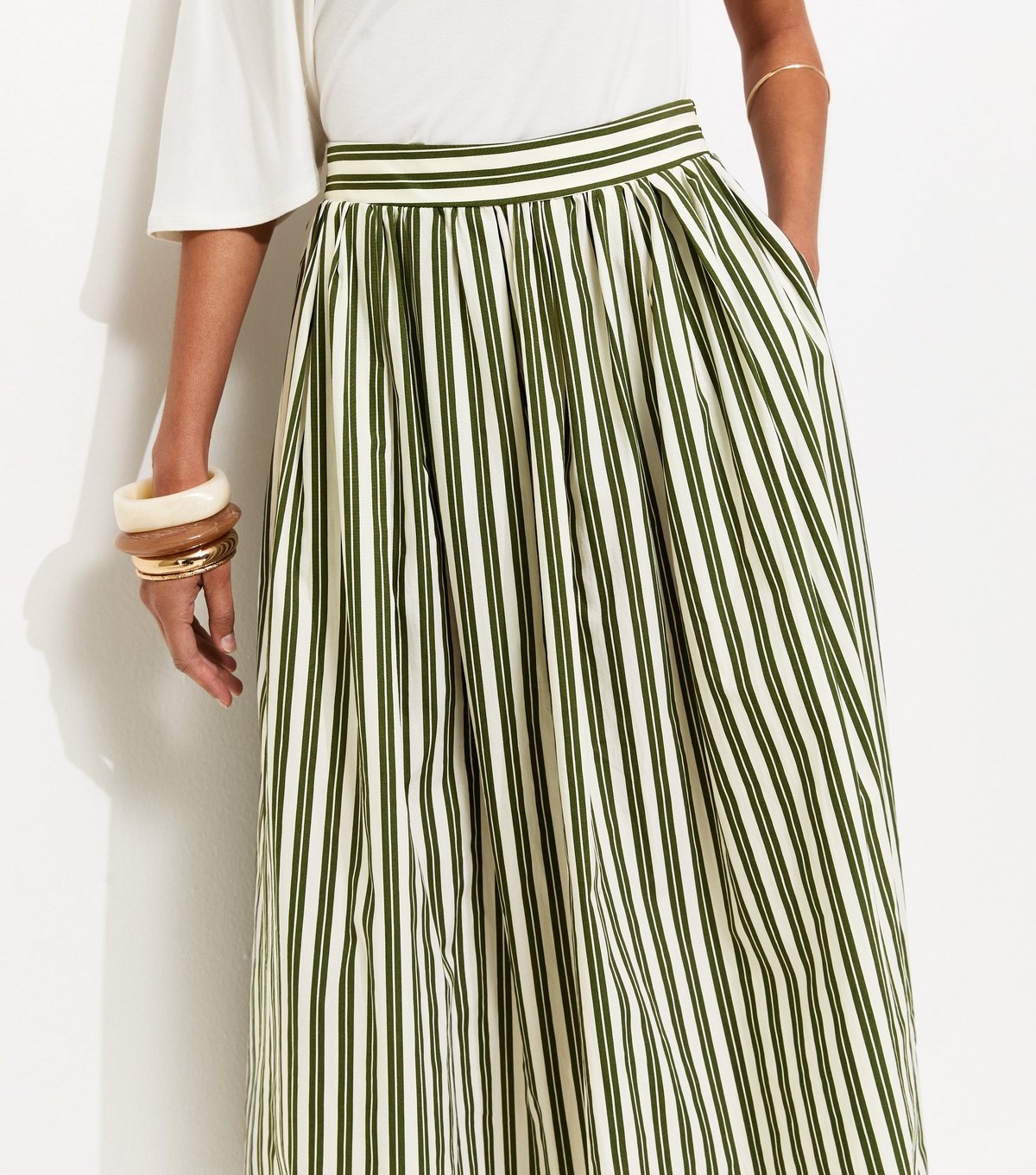 New Look Women's Green Cotton Poplin Striped Midi Skirt New Look - 3