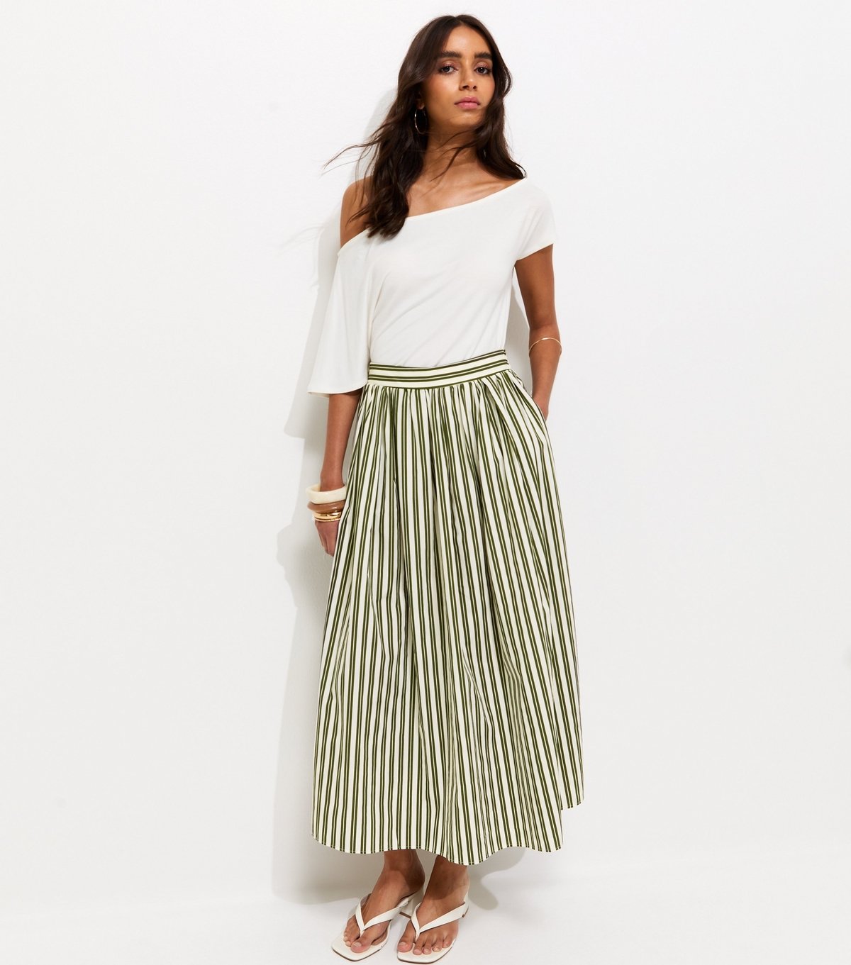New Look Women's Green Cotton Poplin Striped Midi Skirt New Look - 4