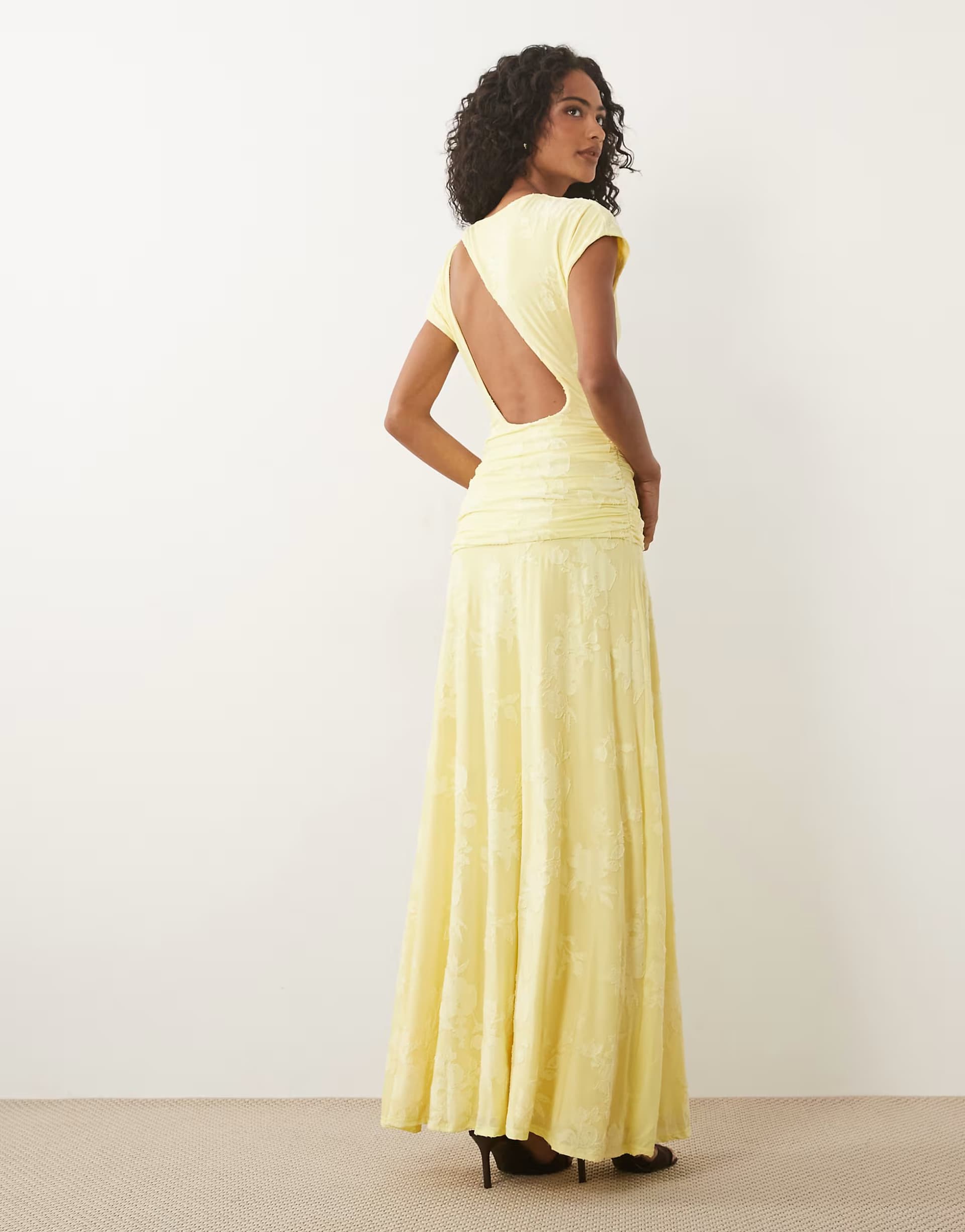 ASOS ASOS DESIGN devore lace ruched detail short sleeve maxi dress in lemon
