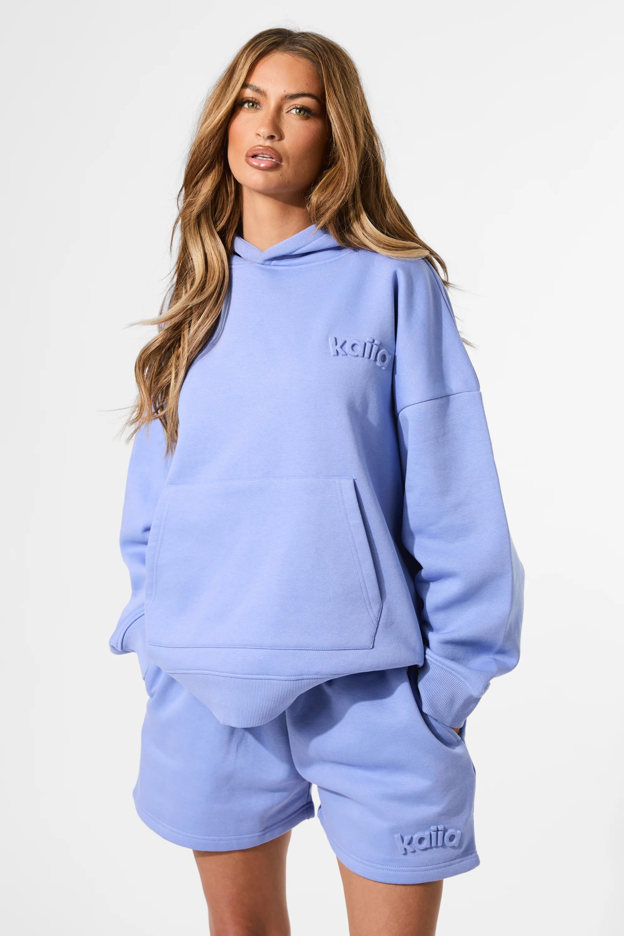 Kaiia Kaiia Embossed Logo Oversized Hoodie Cornflower Blue - 2