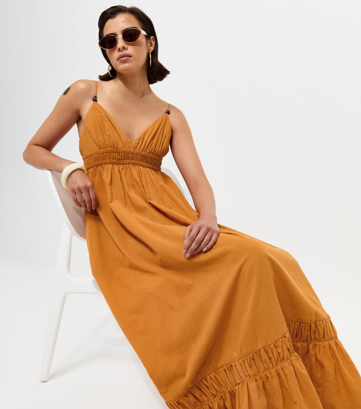 New Look Women's Dark Yellow Cotton Tiered Beach Maxi Dress New Look