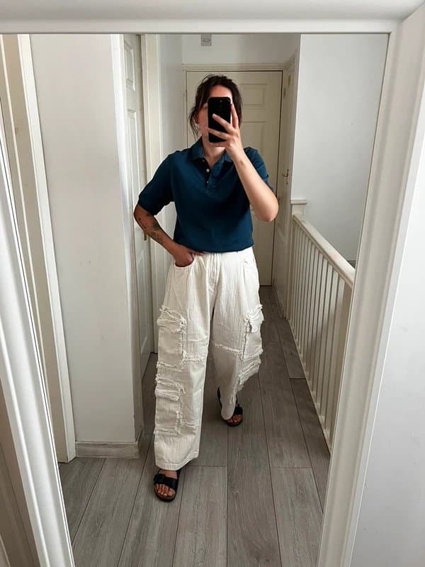 Bershka Bershka Cream Embroidery Cargo Wide Leg Jeans 16