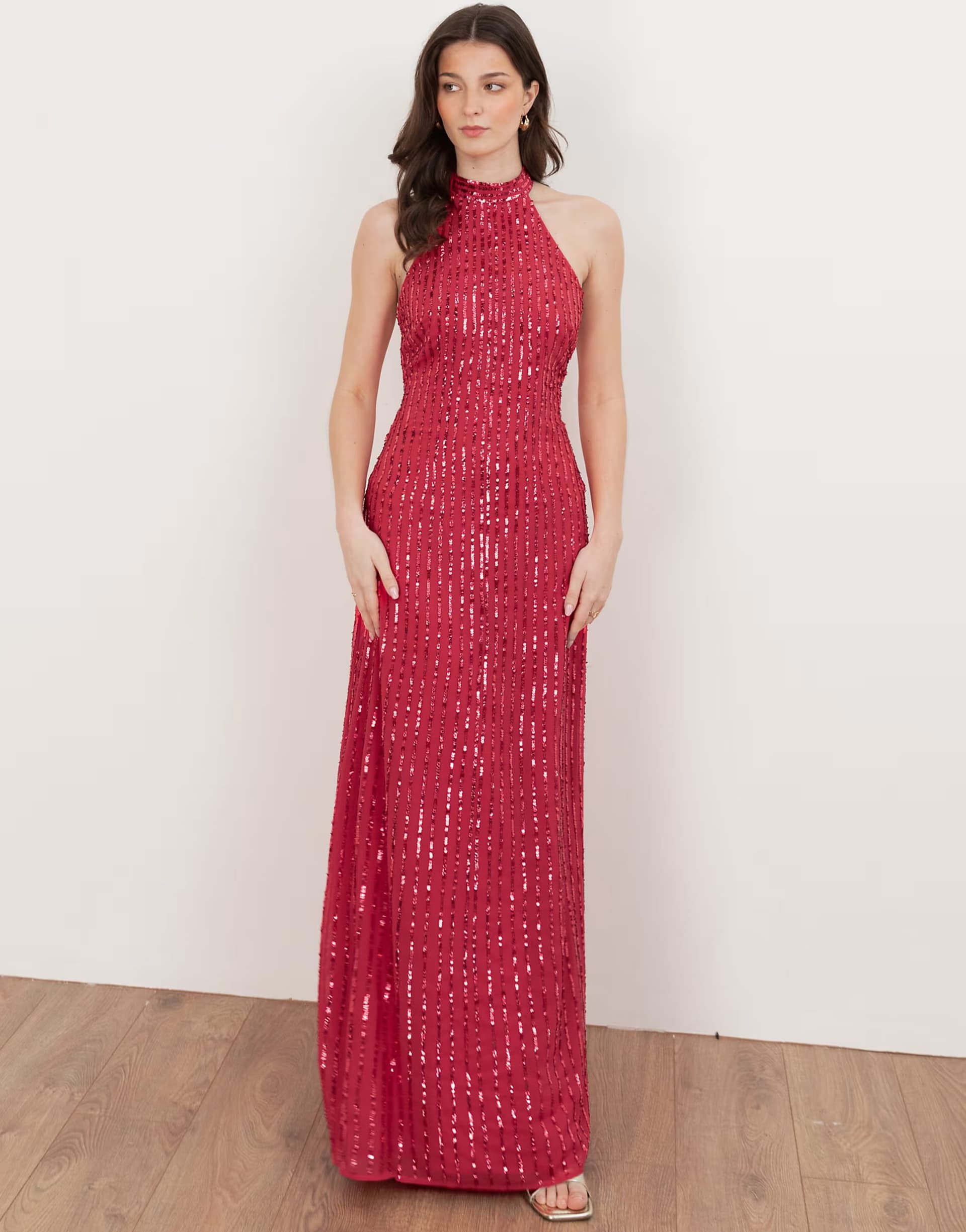 ASOS Maya Linear embellishment halter neck maxi dress in hot pink