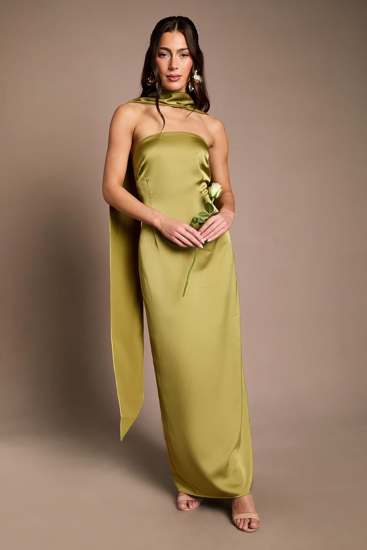 Oasis Oasis Women's Olive Bandeau Satin Bridesmaid Maxi Dress With Scarf
