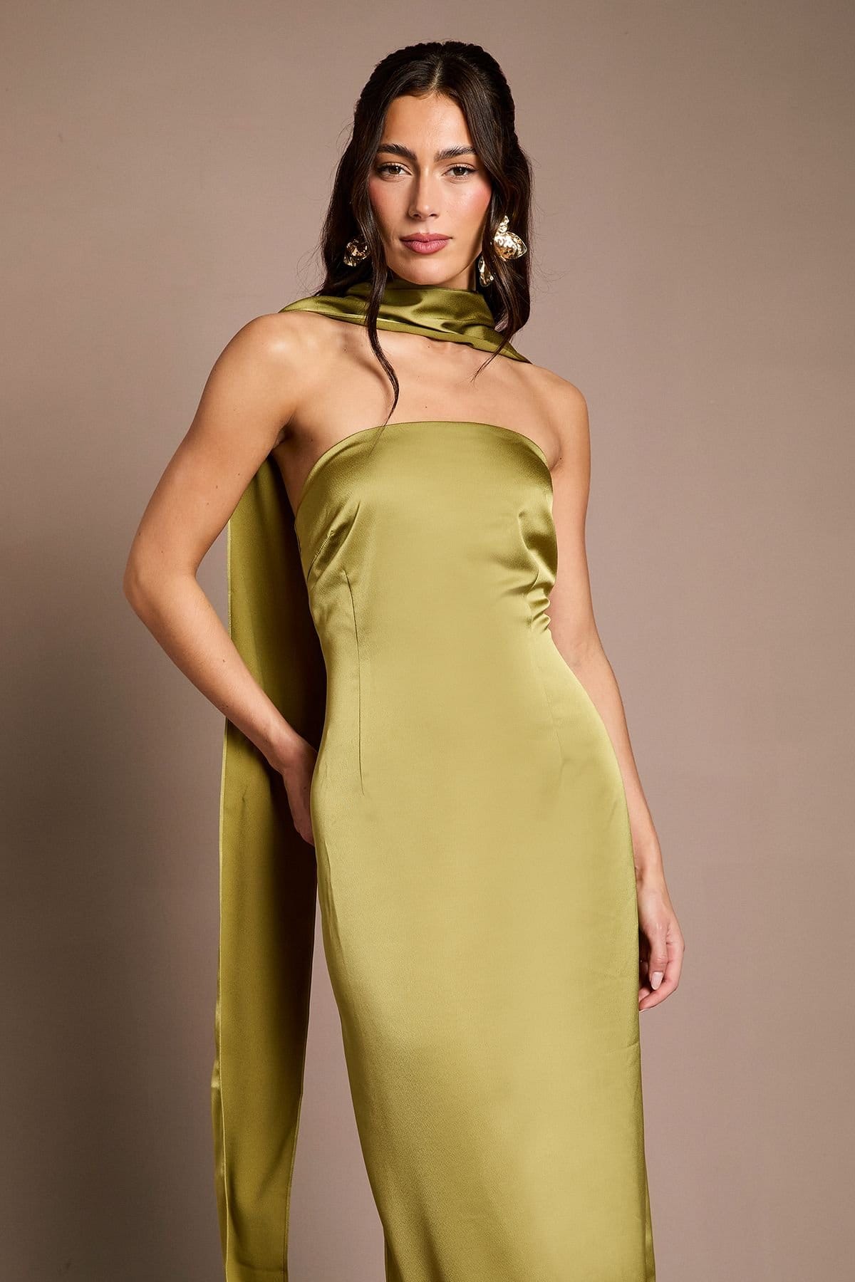 Oasis Oasis Women's Olive Bandeau Satin Bridesmaid Maxi Dress With Scarf - 4