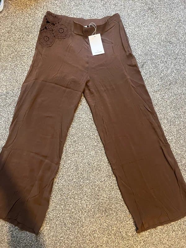 Pull & Bear Pull and bear brown thin linen brown trousers with crochet embroidery size 14