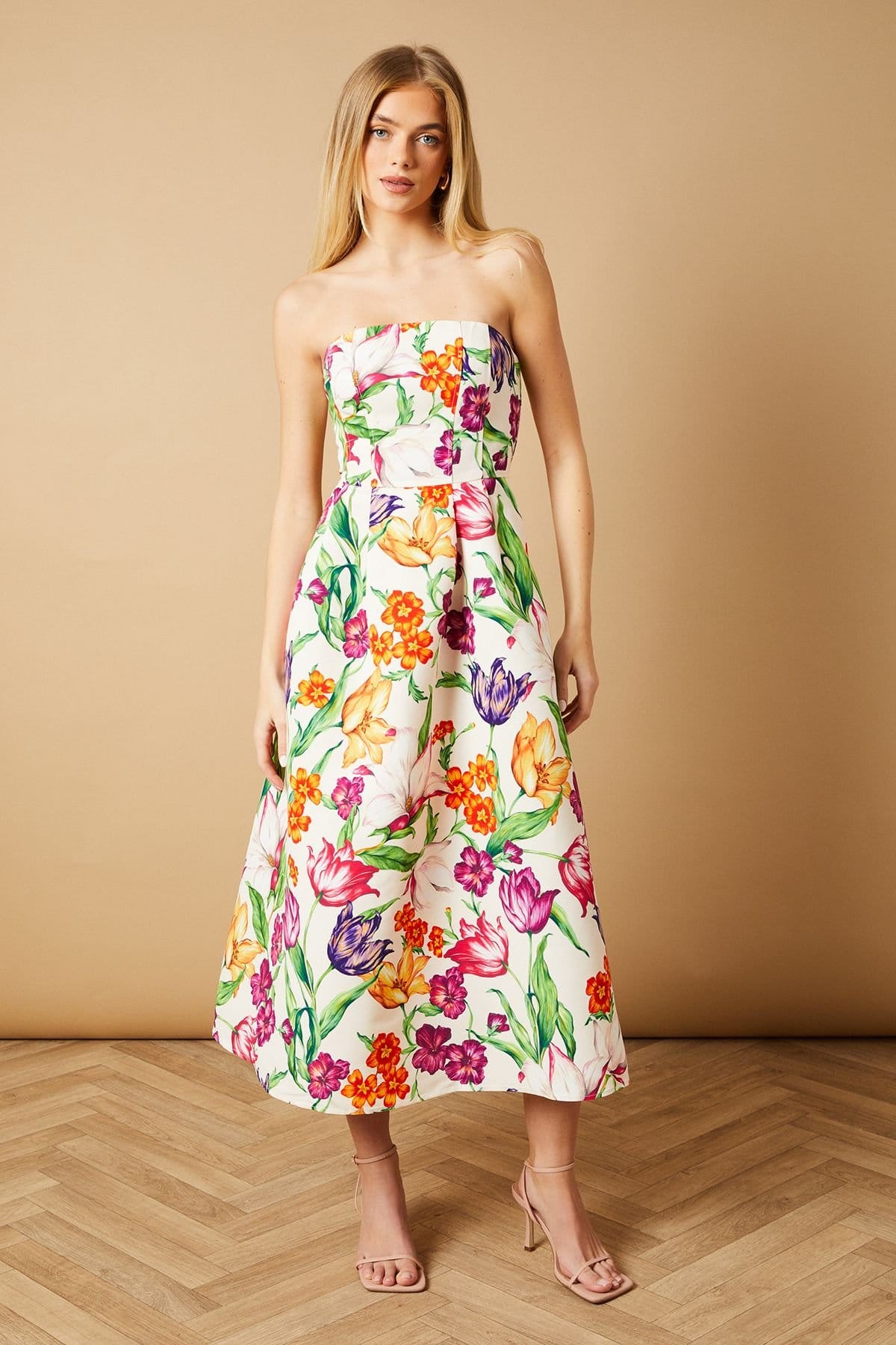 Oasis Women's Floral Twill Strapless Midi Dress