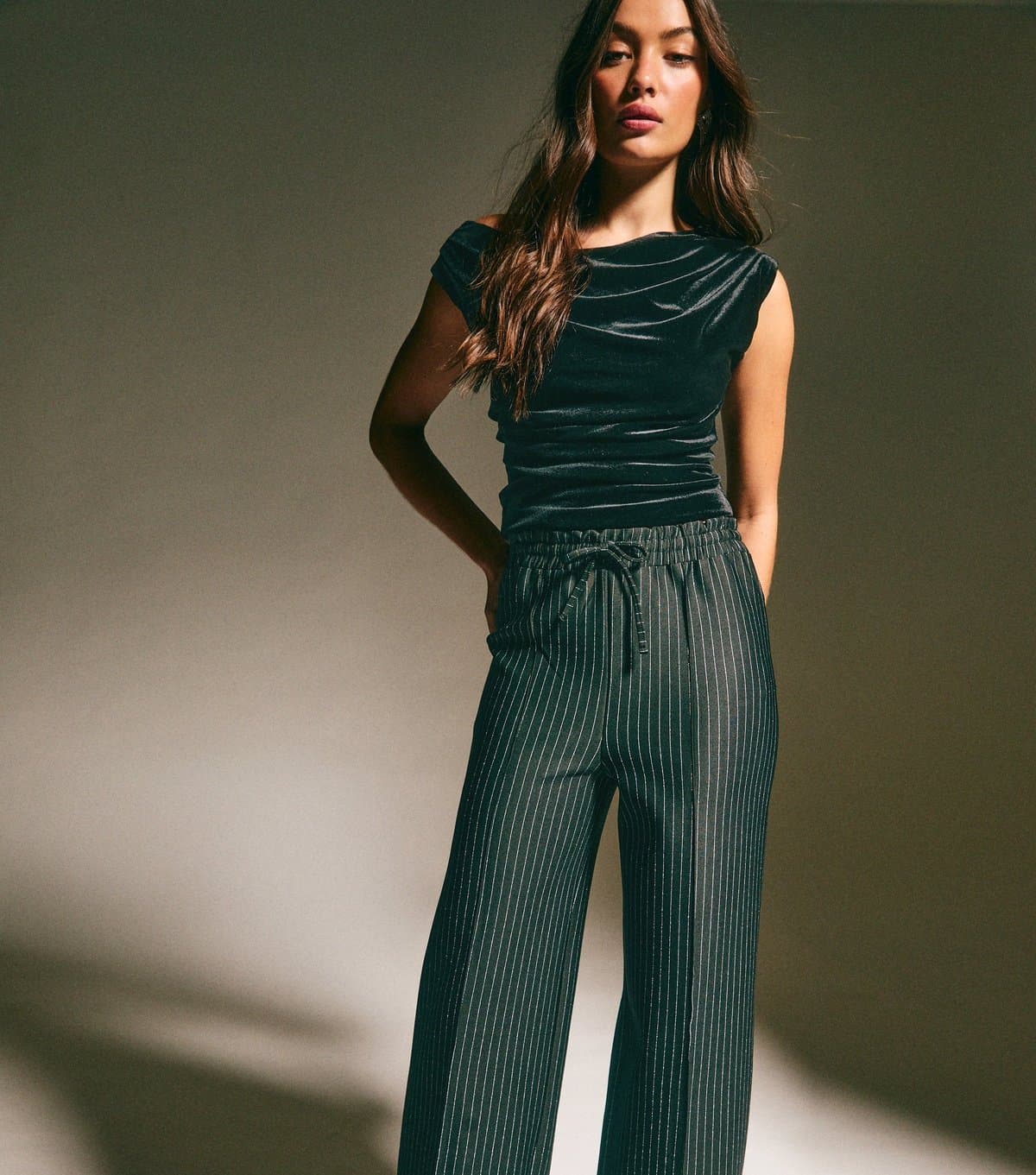 unknown Women's Black Sparkly Pinstripe Wide Leg Trousers  New Look