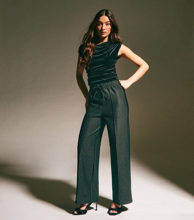 unknown Women's Black Sparkly Pinstripe Wide Leg Trousers  New Look - 2