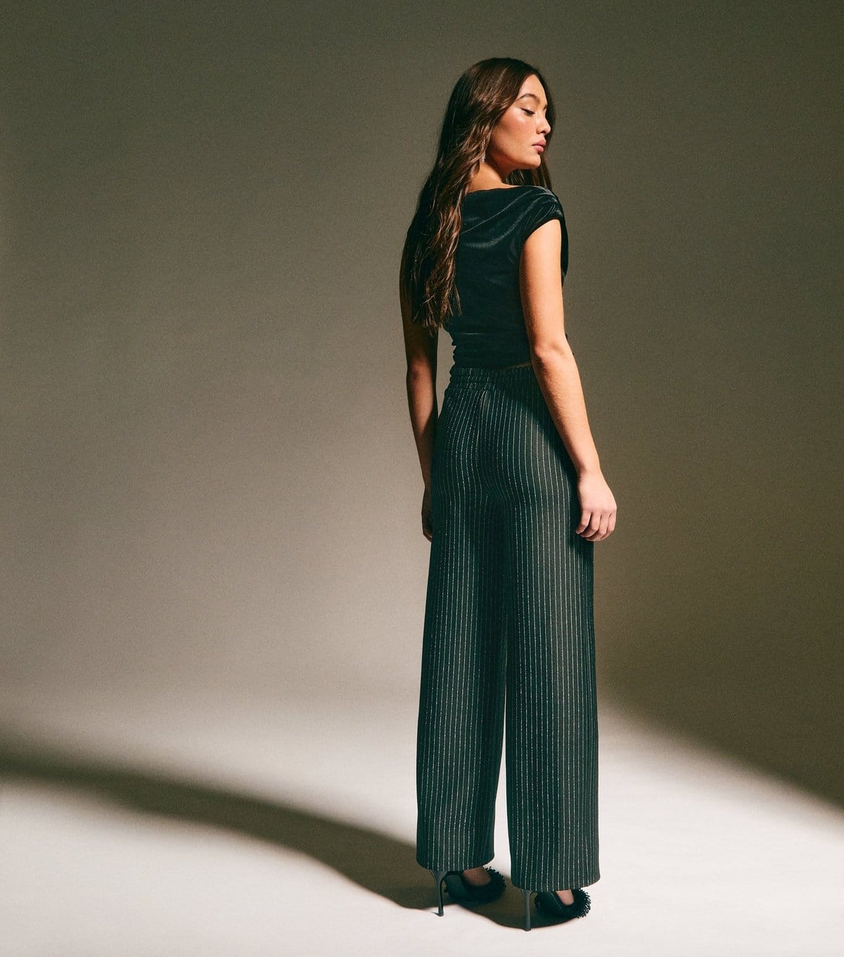 unknown Women's Black Sparkly Pinstripe Wide Leg Trousers  New Look - 4