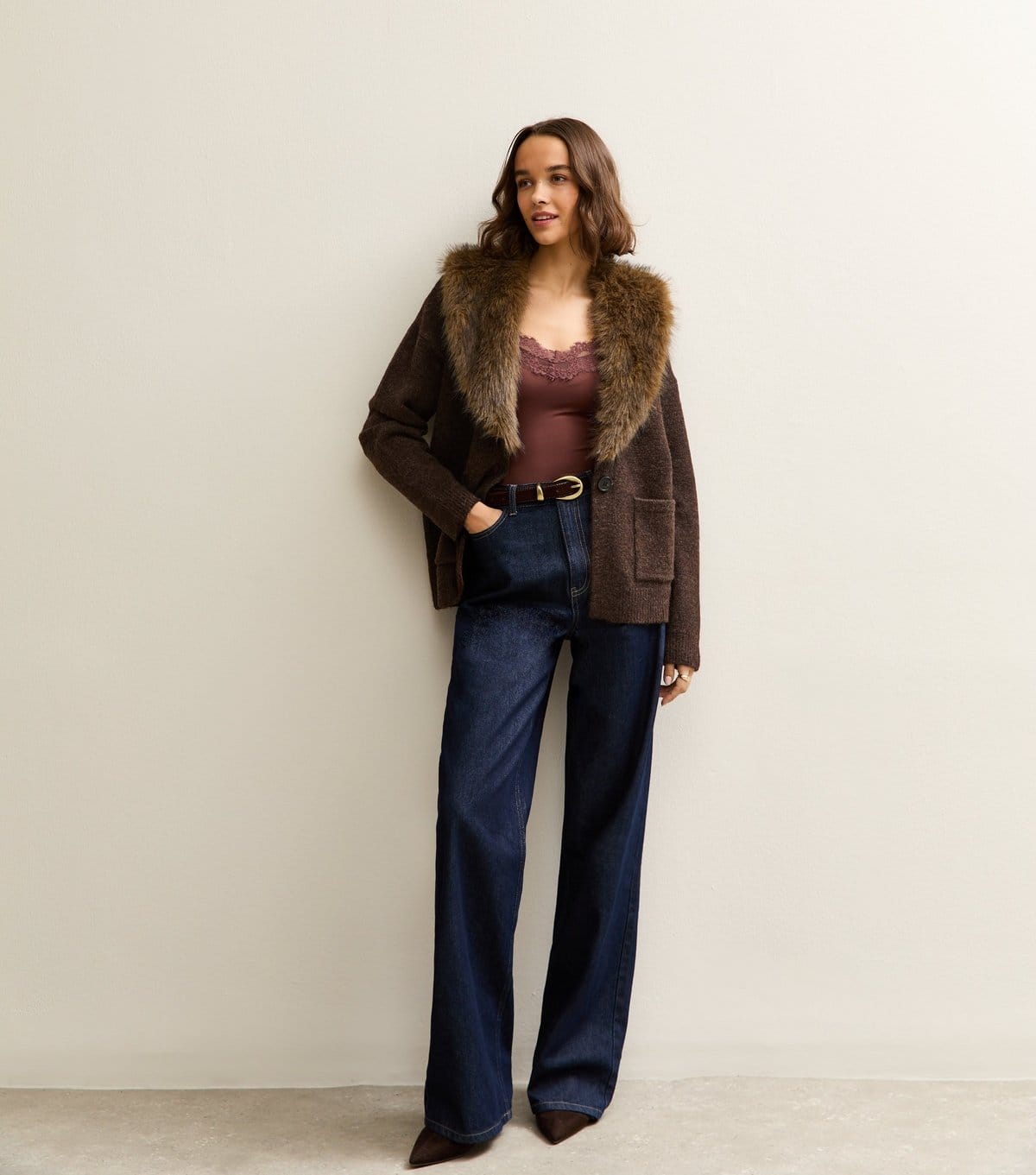 New Look Women's Dark Brown Cardigan with Detachable Faux Fur Collar New Look - 4