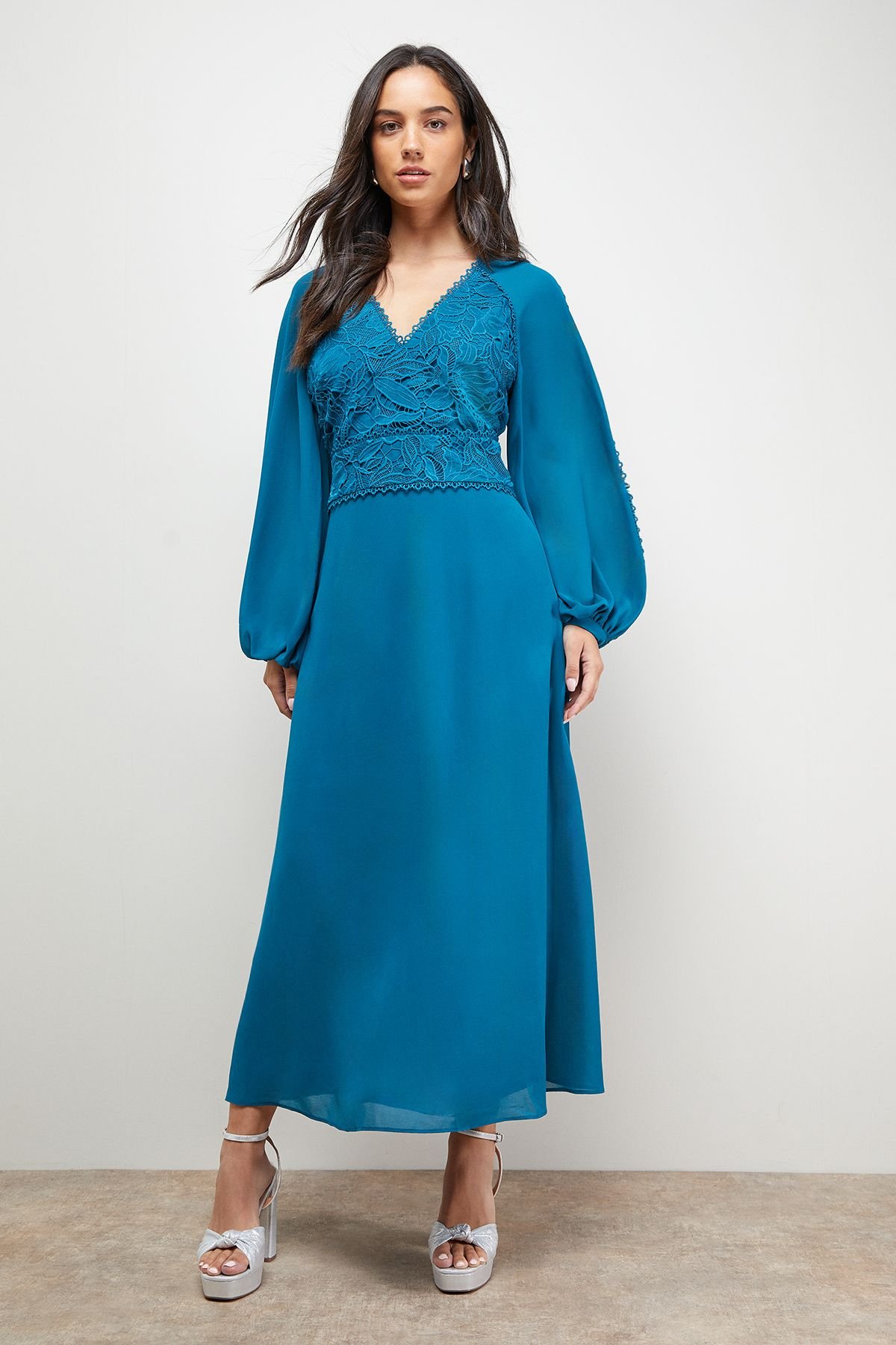 Oasis Oasis Women's Lace Front Balloon Sleeve Midi Dress in Teal - 2