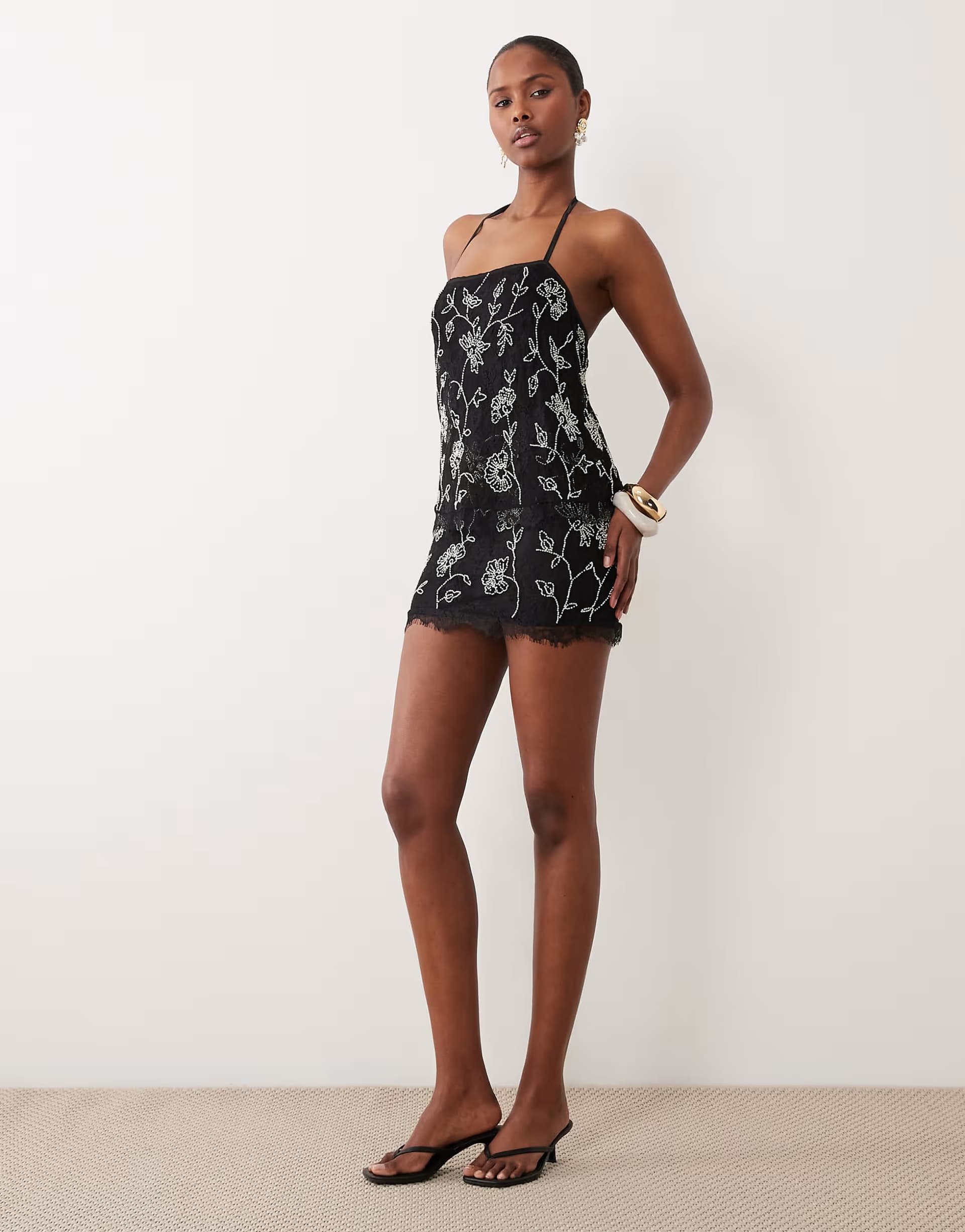 ASOS ASOS DESIGN lace mini dress with layered bodice and fitted skirt with all over embellishment in mono