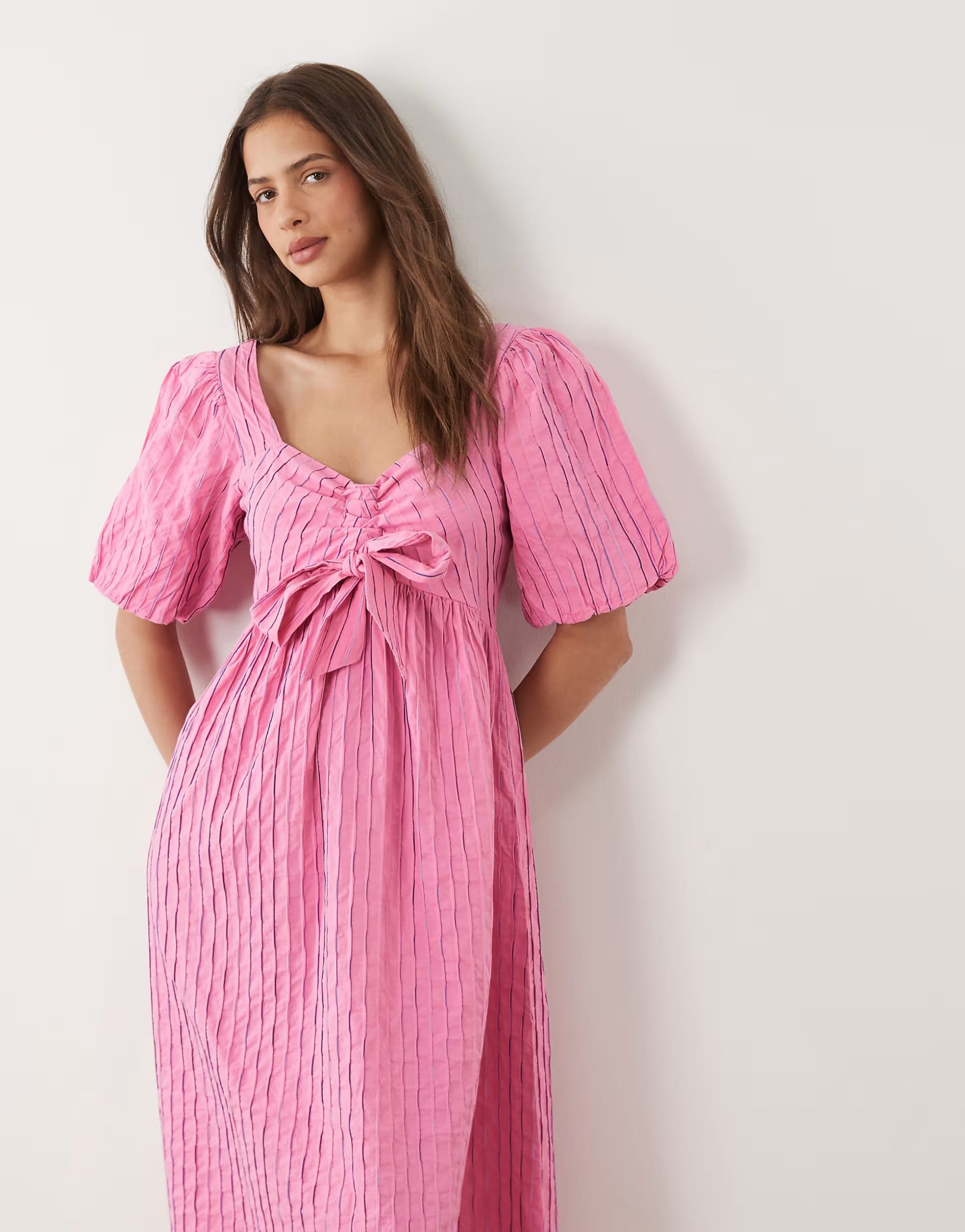 ASOS Pink Textured Puff Sleeve Midi Dress