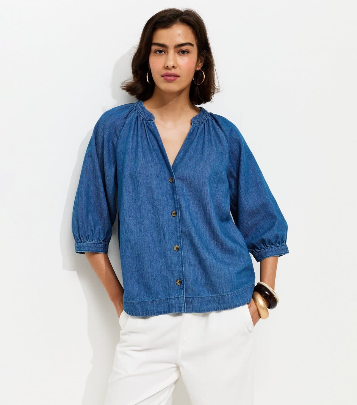 New Look Women's Blue Denim Cropped Sleeve Shirt New Look