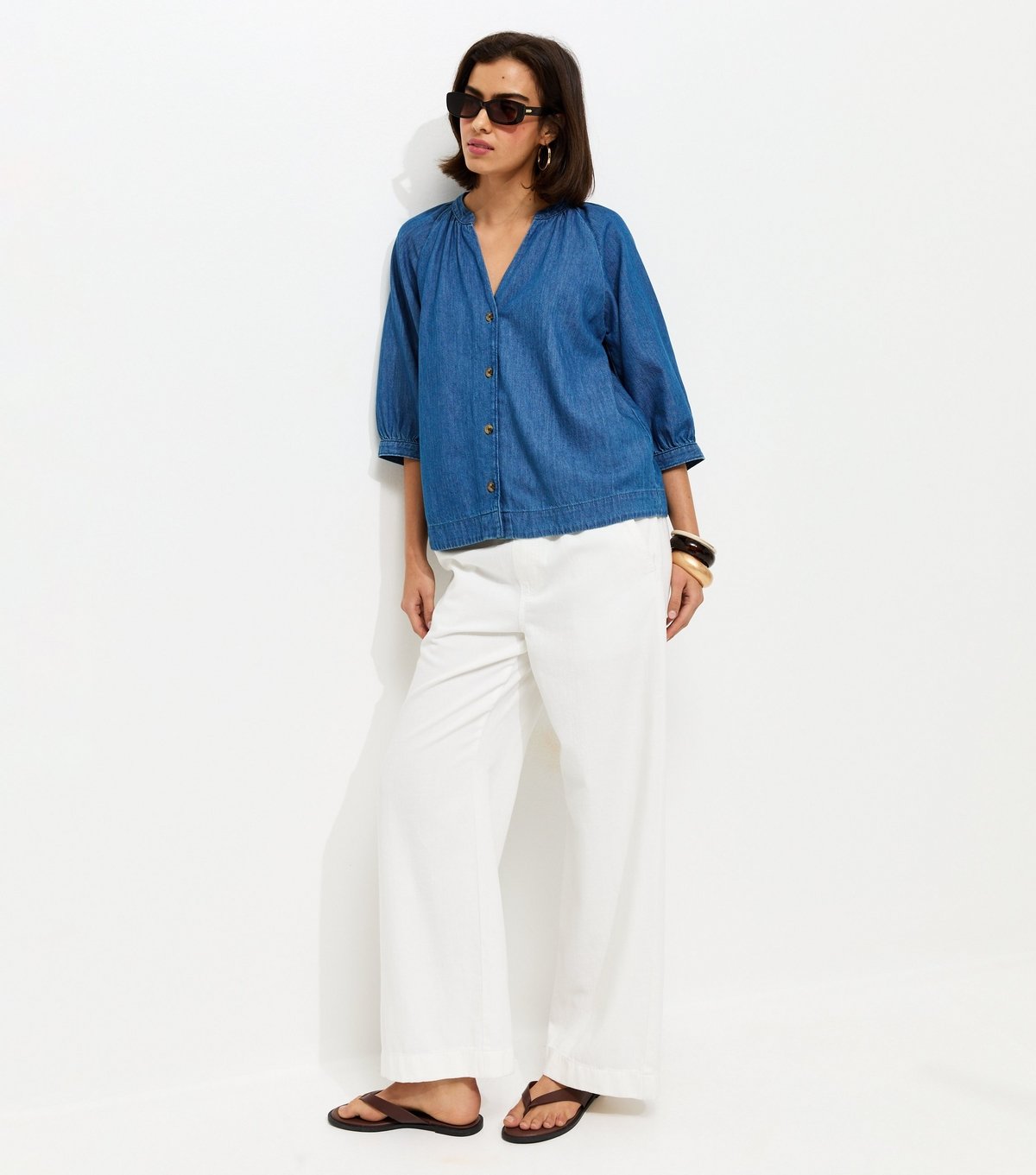 New Look Women's Blue Denim Cropped Sleeve Shirt New Look - 2