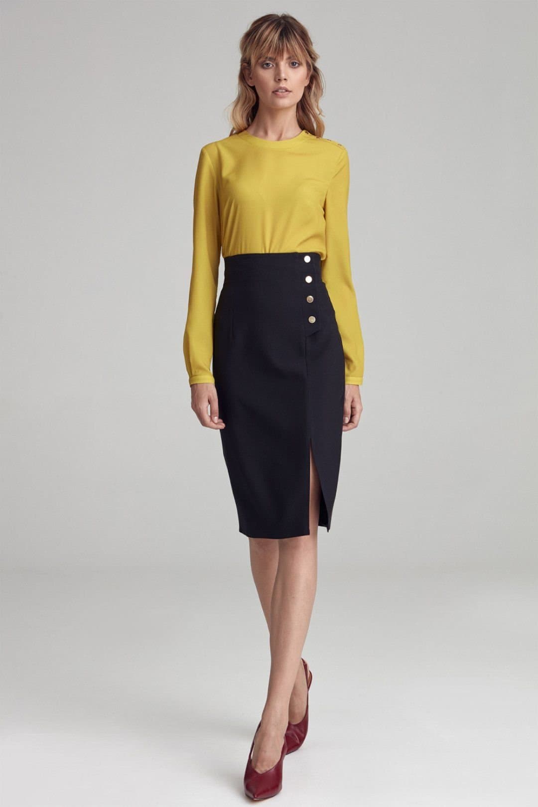 Love Lace Love Lace Women's Office Pencil Knee Length Skirt with Gold Snaps in Black