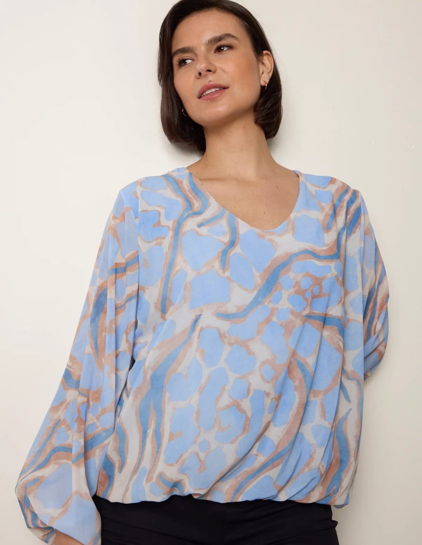 Blue Vanilla Abstract Print V Neck Puffball Top - 1