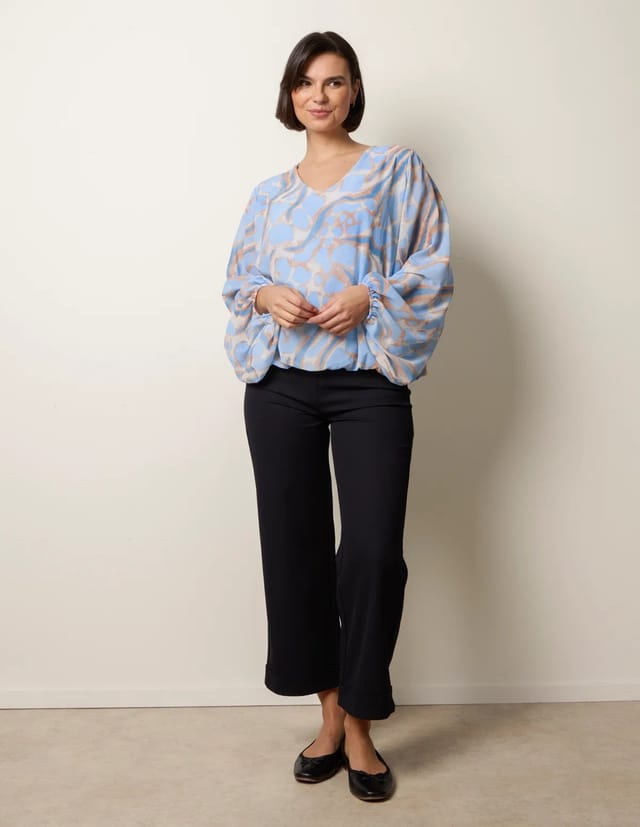 Blue Vanilla Abstract Print V Neck Puffball Top - 3