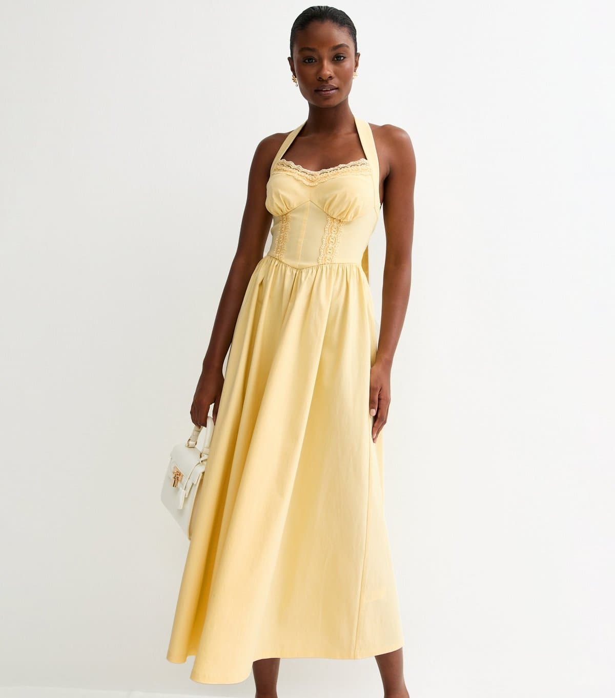 New Look Women's Light Yellow Embroidered Halter Midi Dress New Look