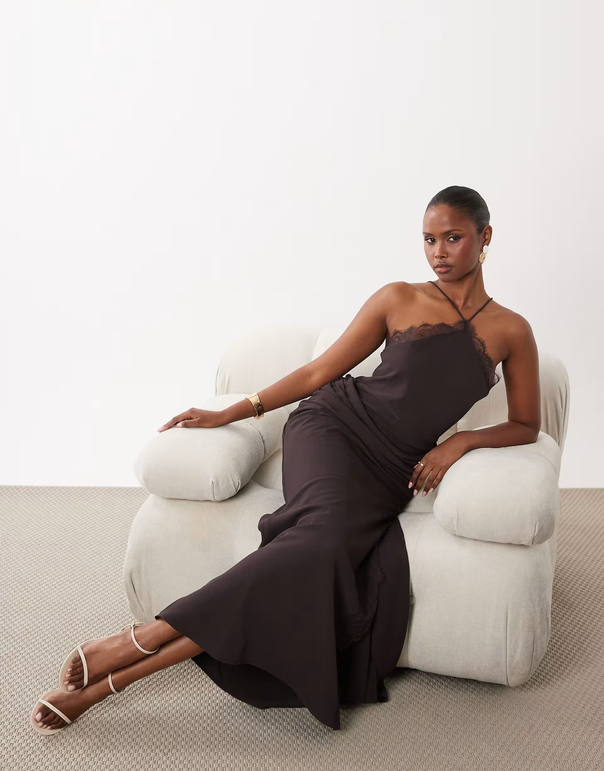 ASOS ASOS DESIGN lace trim halter neck midaxi dress with drape front in chocolate brown