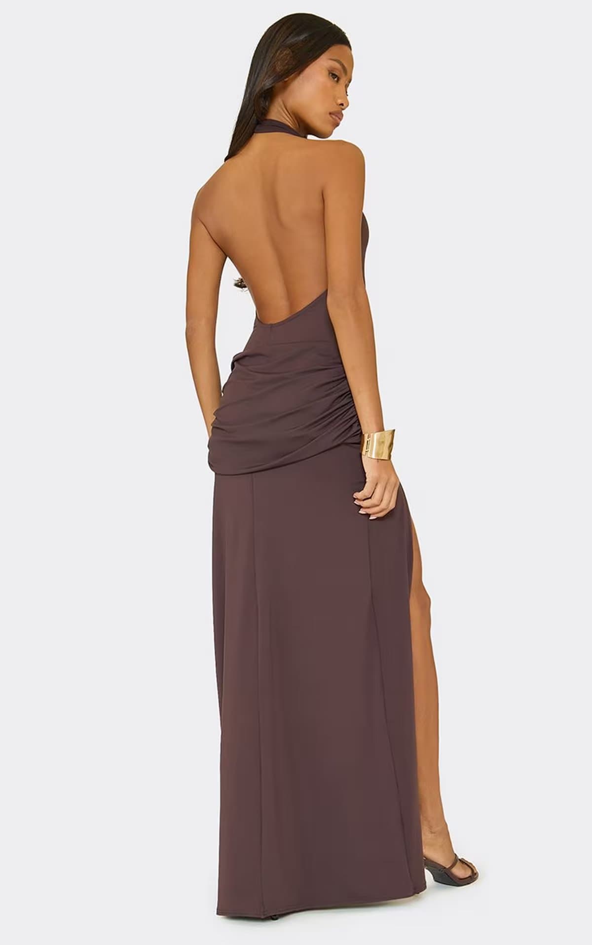 EGO Racer Neck Draped Ruched Detail Maxi Dress In Brown, Women's Size UK 6