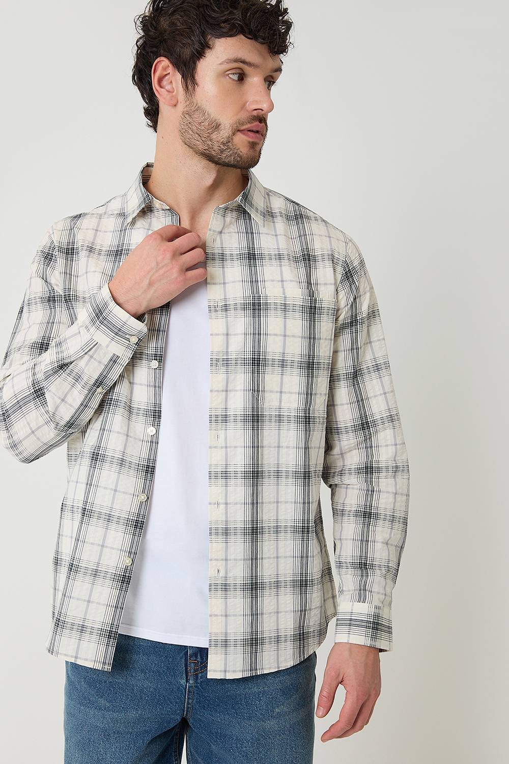 Threadbare Threadbare Men's Check Cotton Long Sleeve Shirt in Stone - 2