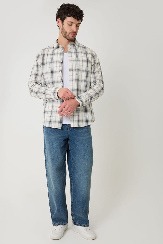 Threadbare Threadbare Men's Check Cotton Long Sleeve Shirt in Stone - 3