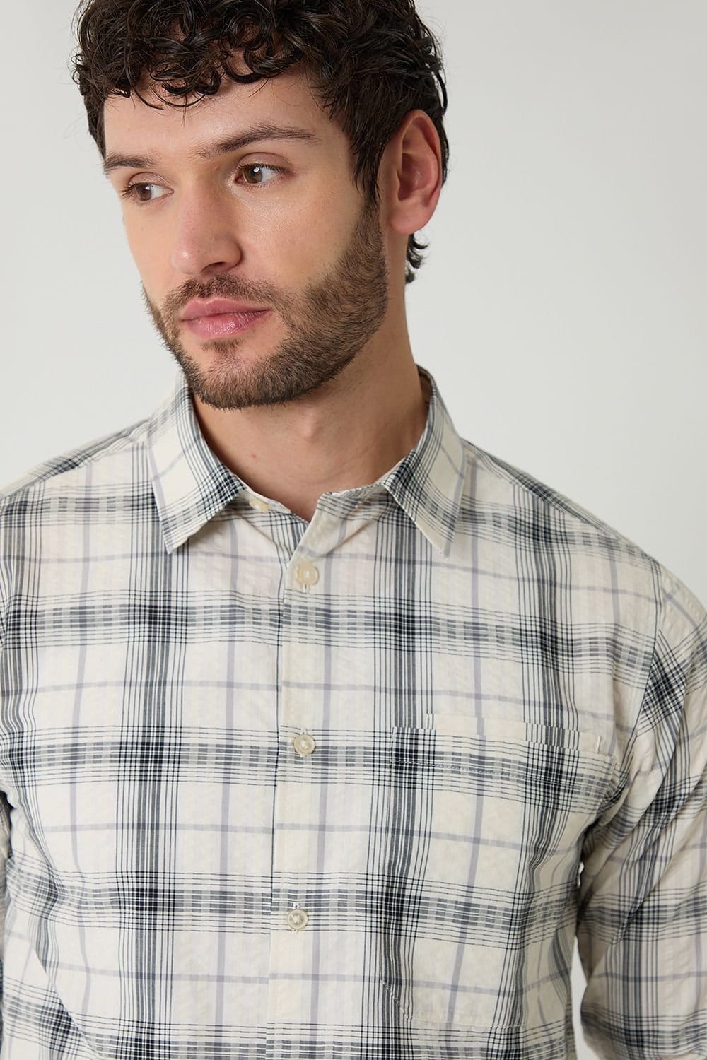 Threadbare Threadbare Men's Check Cotton Long Sleeve Shirt in Stone - 4