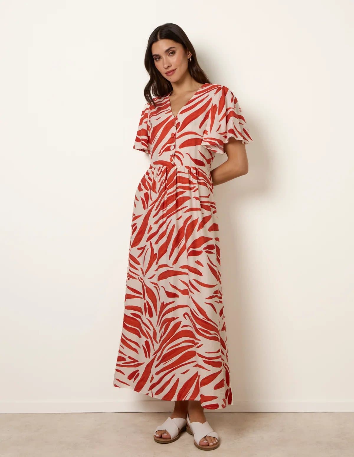 Blue Vanilla Dress With Brushstroke Leaf Print