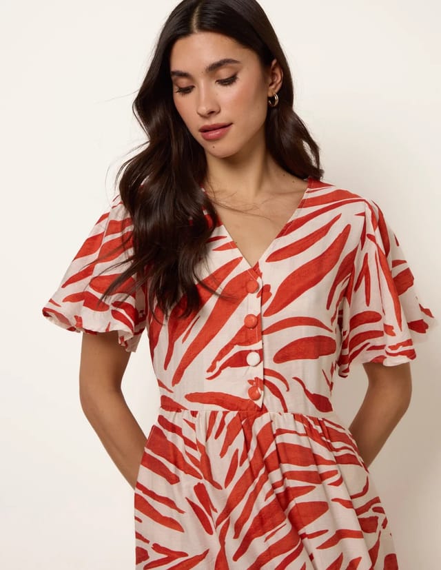 Blue Vanilla Dress With Brushstroke Leaf Print - 2