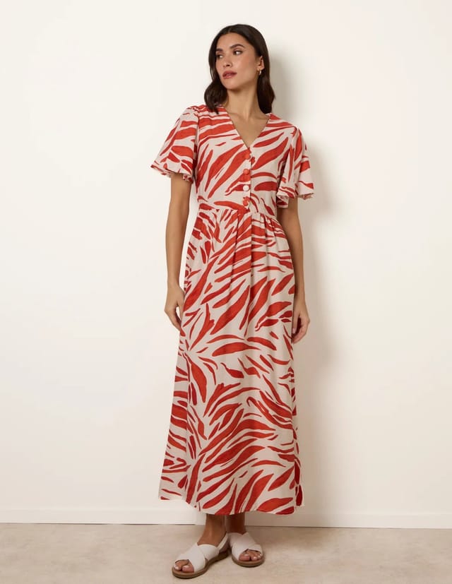 Blue Vanilla Dress With Brushstroke Leaf Print - 3