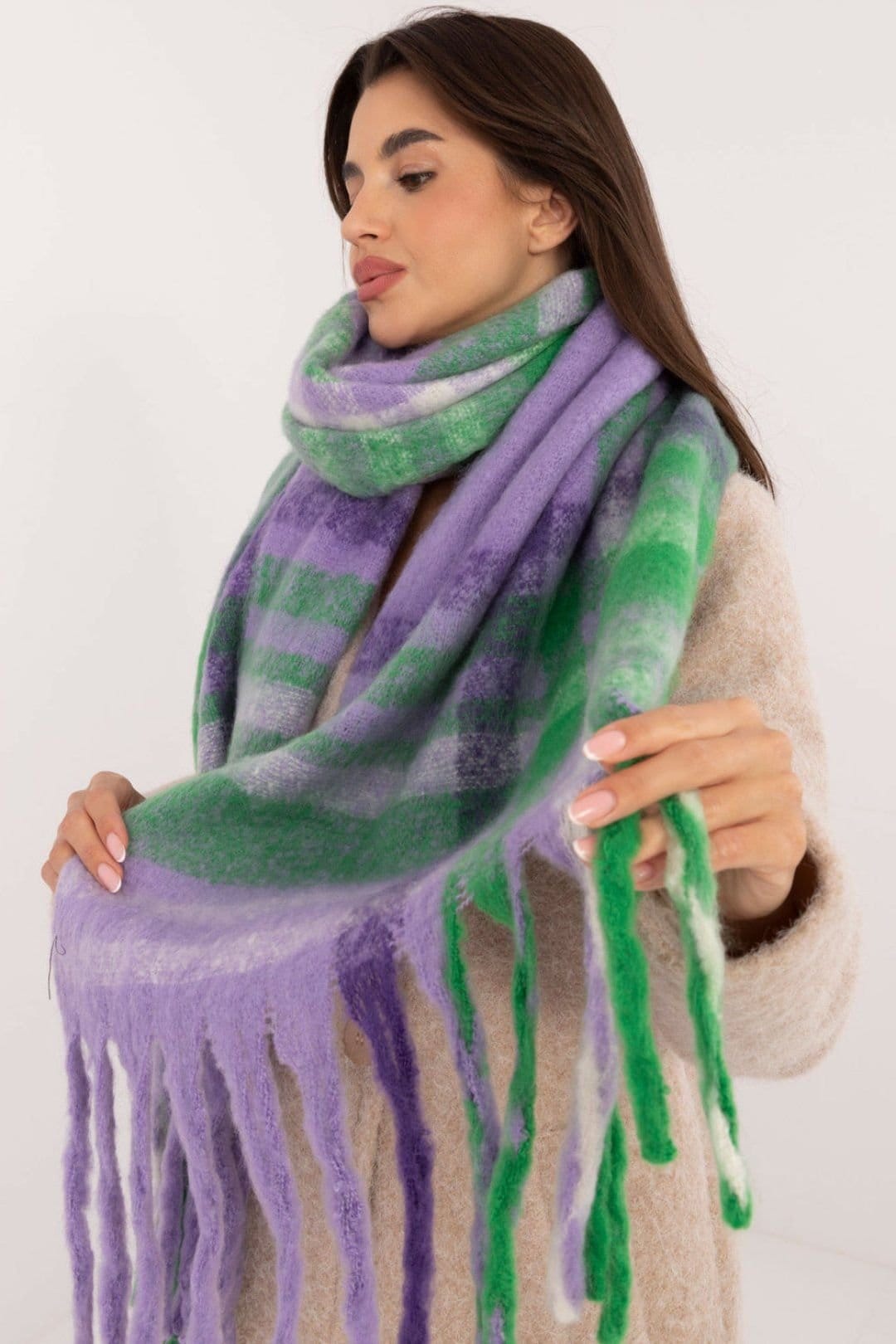 Love Lace Love Lace Women's Elegant Check Polyester Scarf with Stylish Fringes for Winter in Violet - 4
