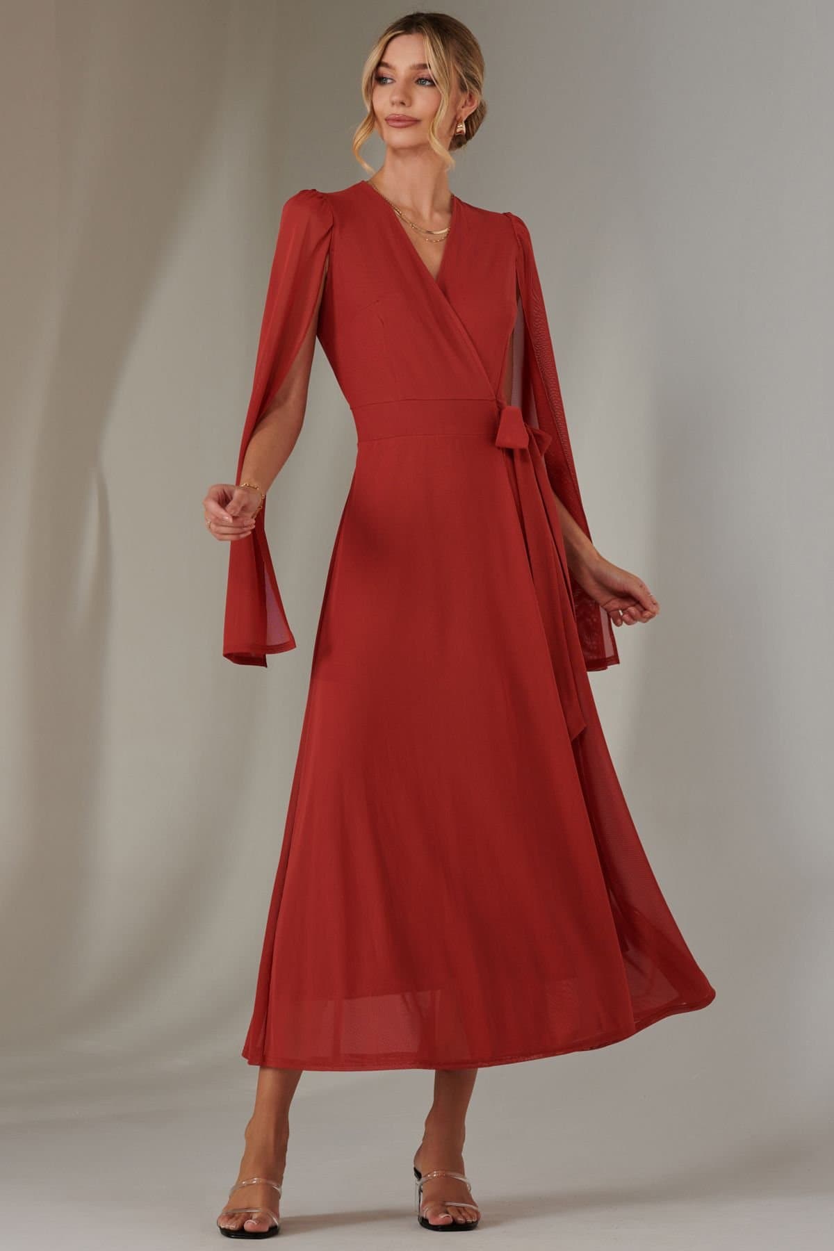 Jolie Moi Jolie Moi Women's Cape Sleeve Wrap Maxi Dress in Red