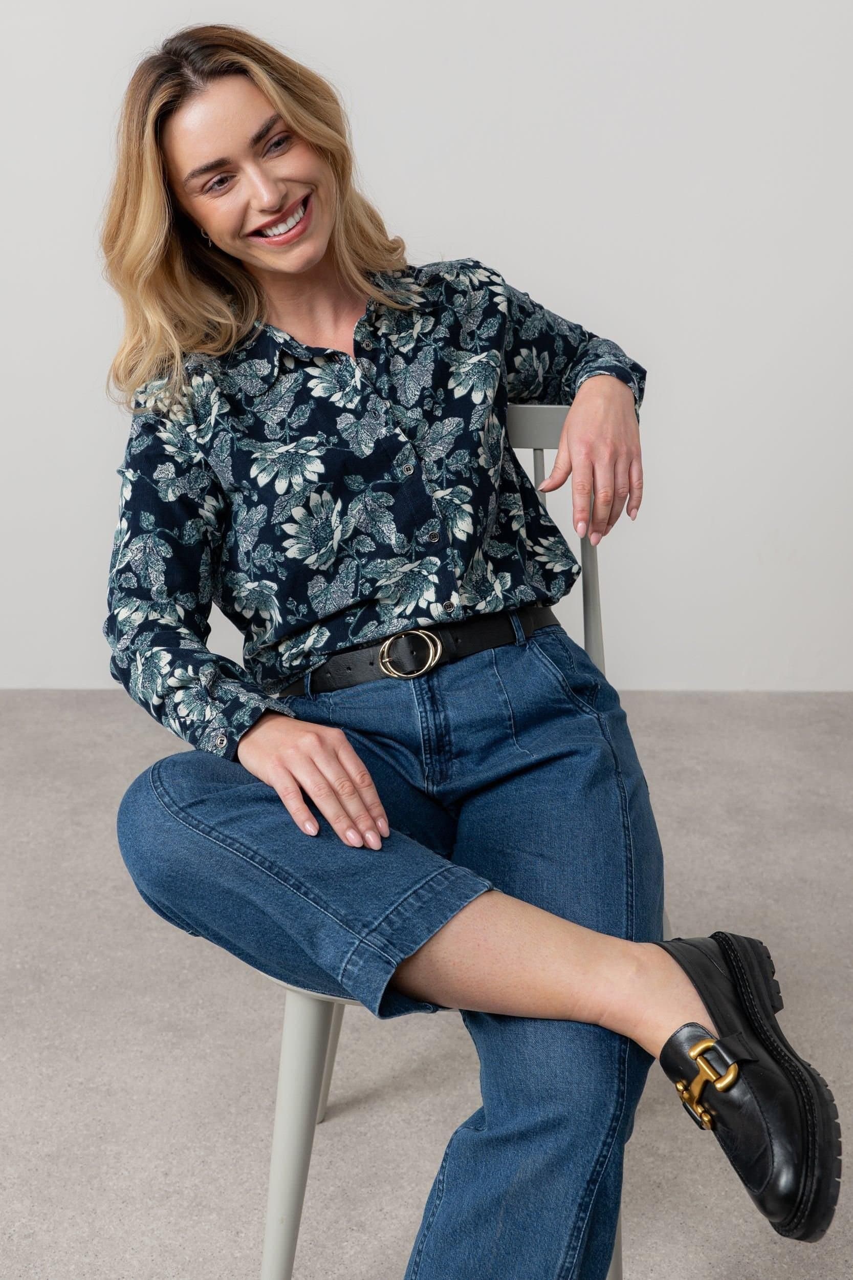 Lily & Me Lily & Me Women's Beech Long Sleeve Cotton Pincord Shirt with Curved Hem in Navy