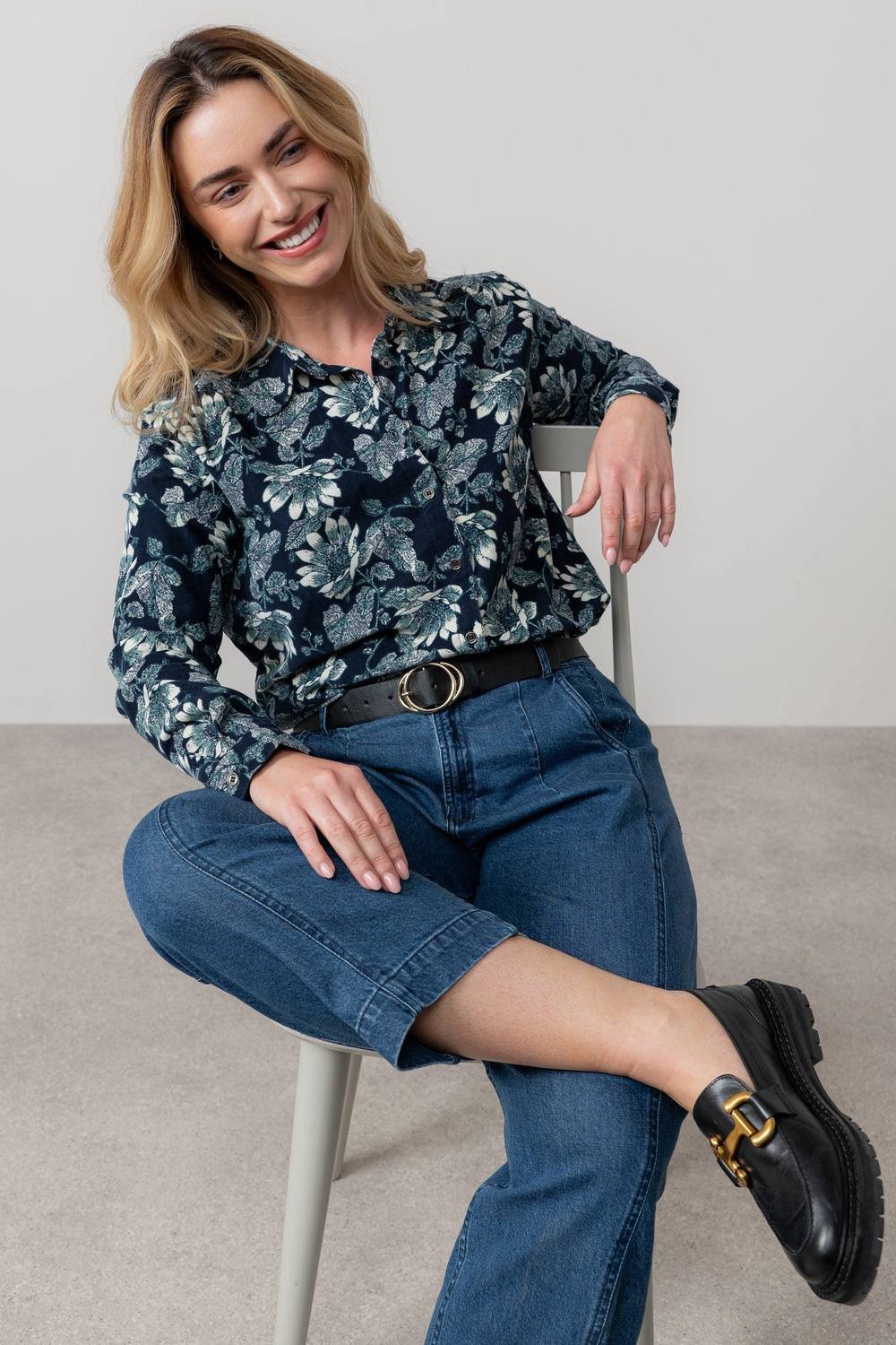 Lily & Me Lily & Me Women's Beech Long Sleeve Cotton Pincord Shirt with Curved Hem in Navy - 3